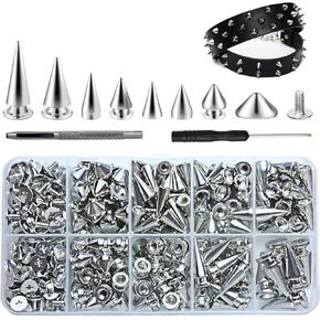 354 Pieces Punk Spikes and Studs Kit - 8 Sizes Cone Spikes, Metal Tree Spikes Studs for Leathercraft, Punk Clothing DIY Accessories
