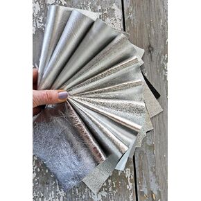 Silver Leather Cutouts - Mirror Effect - Minimum 12 x 15 cm - 0.3 kg - Random Selection for Sewing Crafts and Handmade Creations - Metallic, Smooth and Not - B1507