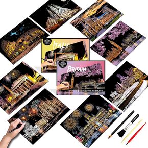 Scratch Art for Adults&Kids-Scratch Painting Paper Craft Kit (8 Sheets A4)|DIY Foil Engraving Art Set|Stress Relief Gift for Travel Lovers,Craft Lovers|Creative Scratch Art Home Decor(Asian Series)