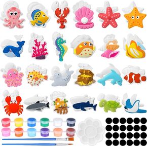 Soulchen 24 Set Ocean Animals Ceramic Painting Kits Sea Animals Ceramic Figurines to Paint with Magnets, Paint Your Own Summer Crafts DIY Unpainted Plaster Figurine Arts with Brushes Palettes