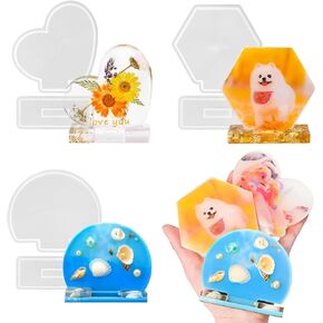 Photo Frame Resin Molds, 3 Set Small Size Picture Frame Molds for Epoxy Resin with Stand Holder, Semi-Circular, Heart& Hexagonal Shape Ornament Silicone Mold for Gift Home Decor