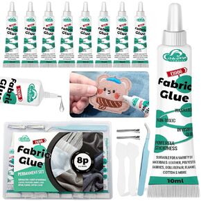 8 Pcs Fabric Glue Permanent, 10 ML Washable Clear Clothing Glue, Super Fabric Adhesive for Clothes, Leather，Patches, Denim, Flannel, Doll Repair, Rhinestones, Cotton and More