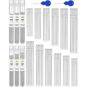 60 PCS Hand Sewing Needles, 6 Size Large Eye Sewing Needles, Leather Embroidery Thread Needle, Stainless Steel Knitting Quilting Needle for Handsewing Crafts, Repair with Threader