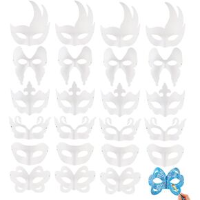 24 PCS قابلة للتنكر القابلة للطلاء ، 6 أنماط بيضاء نصف وجه ، أقنعة اللب غير المصممة لـ DIY ، مثالية للحفلات