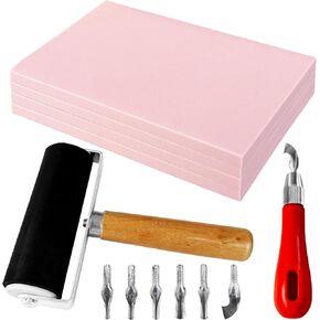 4 Pack Rubber Block Stamp Carving Blocks,Rubber Carving Linoleum Blocks with Cutter Tools,Rubber Brayer Roller for Stamp Maker,Printmaking and More Crafts