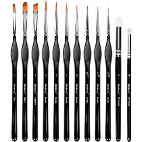 12pc Miniature Paint Brushes Set - 10 Fine Detail Brushes & 2 Dry Brushes for Acrylics, Watercolor, Figurines Model Painting, Face Painting & Piant by Number Kit for Adults | Ergonomic Wooden Handles