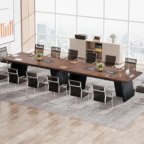 Tribesigns 8ft Conference Table, Modern Office Meeting Room Table with Cable Management, Large Business Seminar Furniture for Boardroom, Walnut and Black