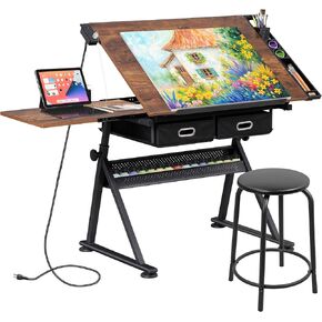ZENY Adjustable Drafting Table with Stool, Tilting Drawing Desk Artist Table with Storage Drawers, Art Craft Workstation for Home Office Reading, Writing, Crafting