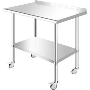 36 x 24 Inch Stainless Steel Table w/Backsplash, Commercial Work Table Prep Workstation with Galvanized Legs, Adjustable Undershelf and Wheels for Home Kitchen Restaurant Outdoor