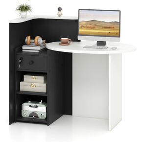 Tangkula Reception Desk, Front Counter Desk with Lockable Drawer & Adjustable Shelf, Oval Desktop, Retail Counter for Checkout, Computer Workstation for Salon Lobby Office, Home Office Desk