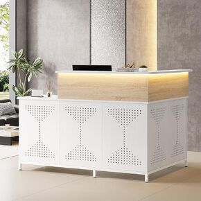 L-Shaped Reception Desk with LED Lights, 60 inch Modern Front Desk, Checkout Counter Table for Office, Lobby, Cafe, Beauty Salon, White and Light Brown