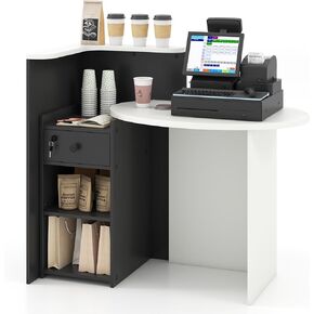 Giantex Reception Desk, Front Counter Desk with Lockable Drawer, Checkout Table with Round Tabletop, Corner Shelf & Adjustable Shelf for Office Beauty Salon Retail Store (White & Black)