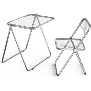 VINGLI Folding Acrylic Table and Chair Set Small TV Tray for Snack Dinner on Couch, Tiny Foldable Desk Writing Desk for Home Office for Small Spaces