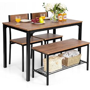 Giantex Dining Table Set for 4, 43" Kitchen Table and Chairs, Dining Bench with Metal Frame & Storage Rack, 4-Piece Modern Functional Desk Set for Dinette, Small Space, Apartment, Restaurant, Brown