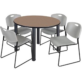 Trek 42" Round Breakroom Table- Noble Oak/Black & 4 Zeng Stack Chairs- Grey