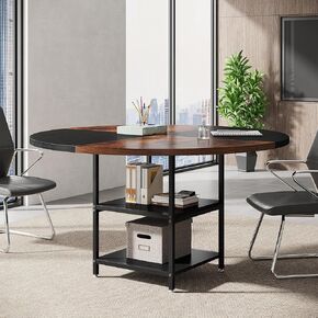 Tribesigns 47-Inch Round Conference Table for 4-6 People, Wood Meeting Room Table with Storage Shelf and Metal Legs, Modern Office Training Desk for Conference Room Seminar Room (Black Brown)