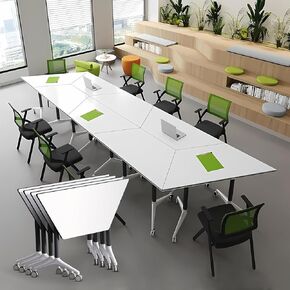 Conference Room Table Foldable Flip Top Mobile Training Table,combinable trapezoidal Conference Table Computer Desk,Metal Frame,with Modesty and Lockable Wheels Seminar Training Tables (8PCS)