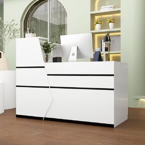 FAMAPY Reception Desk with Shelves, Modern Reception Table with Storage, Front Counter Checkout Table Retail Counter for Lobby Shop, White and Grey, 23.6"D x 86.6"W x 43.3"H