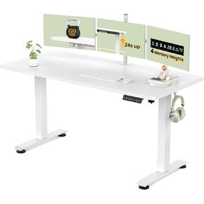 Veken 55 Inch Large Electric Standing Desk, 4 Memory Heights Adjustable,Sit to Stand Up, Work Home Office Computer Table for Study, Walking Pad, Writing, and Games, Wooden Desktop Desks, White
