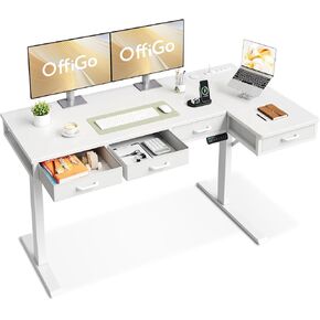 63 Inch L Shaped Electric Standing Desk with Drawers, Height Adjustable Large Desk with Power Outlets, Sit Stand Table, Writing Computer Desk for Home, Office, Workstation, Rustic Brown