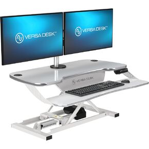 VERSADESK® PowerPro Elite 36" x 24" – App Controlled Electric Standing Desk Converter w/USB Charging Port. Raises up to 20". Fully Assembled – Includes LED Lights. Supports 80 lbs. – White