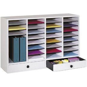 Pemberly Row Office/Classroom 32 Compartment Literature Mailbox Organizer with 2 Storage Drawers, Light Grey