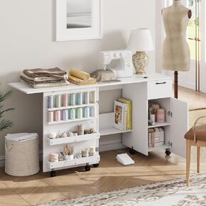 Folding Sewing Machine Table with Storage Shelves and Sliding Drawer, Craft Station with Lockable Wheels, Rolling Side Desk for Sewing Machine for Home, Bedroom(White)