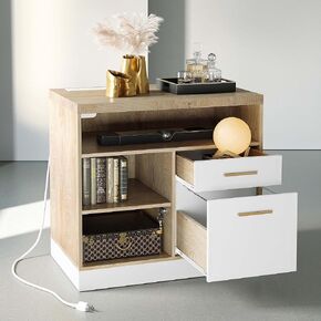 2 Drawer Wood File Cabinet, Filing Cabinet for Home Office with Lock, Power Strip, Storage Shelves, Lateral File Cabinet Fits Letter/A4 Size, Light Walnut