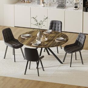 Round Dining Table and Chairs Set for 4, 47.3" Farmhouse Kitchen Table, Large Wooden Table with Upholstered Chair, Gray Flannel Side Chairs, Pedestal Save Space (Light Wood + 4 Chairs)