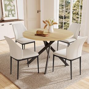 45.3 Inch Round Dining Table Set for 4, Mid Century Modern Small Coffee Set for Dining Room Kitchen Apartment (Light Walnut + 4 U-Shaped White Chairs)