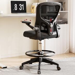 SANODESK Ergonomic Drafting Chair - Standing Desk Chair with Breathable Mesh 2D Lumbar Support 3D Flip up Armrest and Footring Rolling 360° Swivel Computer Chair for Home Office Grey