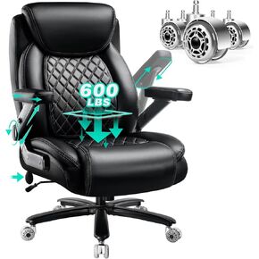 600LBS Large Heavy Duty Office Chair with 5D Flip Arms, Big and Tall Office Chair with Pocket Spring Cushion, Extra Wide Desk Chair with Adjustable Lumbar Support,Dual Rubber Wheel