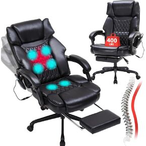 Massage Office Chair with Foot Rest 6 Points Vibration and Heat Home Office Desk Chairs for Heavy People 400lbs Reclining Managerial Chairs Ergonomic Executive Chair (Black) in Kuwait
