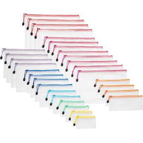 Amazon Basics 30-Pack Mesh Zipper Pouch Bags, 8 Sizes Waterproof Storage Organizers with Zipper, Multipurpose Clear Travel Document Bags for Office Home School Organization (8 Assorted Colors)