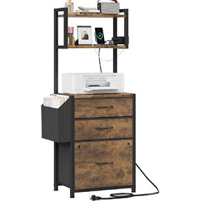 3 Drawer File Cabinet with Charging Station (2AC&2USB), 3-Tier Tall Filing Cabinet for Home Office with Storage Shelf, Printer Stand, Fabric Drawer Fits A4/Letter Size, 45''H, Rustic Brown