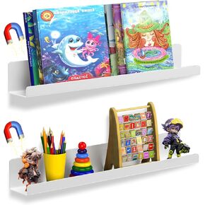 2 Pack Magnetic Book Shelf for Whiteboard - 17 Inch Reusable Metal Magnetic Shelves, Holds 12 lbs, Magnetic Book Display for Classrooms, Kitchen, Kids' Room - New White