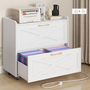 File Cabinet 2 Drawers Lateral File Cabinet with Charging Station for Letter/Legal/A4 Size Hanging Files, Large Wood File Storage Cabinets Printer Stand for Home Office, White and Gold