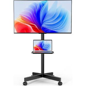 Mobile TV Stand for 23-65 Inch LCD LED Flat/Curved Panel Screen TVs, Height Adjustable Rolling Floor TV Cart with Tilt Mount and Shelf, Portable Stand Holds up to 110 lbs, Max VESA 400x400mm