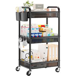 YASONIC 3 Tier Rolling Cart – Metal Utility Storage Cart with Wheels, Craft Cart Organizer with Hanging Cups, Hooks, Mesh Basket for Bedside Kitchen Office Art, Black