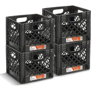 Juggernaut Storage 2-Pack Stackable Heavy Duty Milk Crates with Handles, 16 Qt, Black - Organizing Plastic Crate Basket for Grocery Shopping, Home Supplies, and Bathroom Accessories