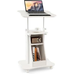 Tangkula Mobile Lectern Podium, Height Adjustable Podium Stand, Standing Desk Sit-to-Stand Desk, Rolling Desk Cart Stand Laptop Desk Cart with Swivel Top Movable Wheels & Storage