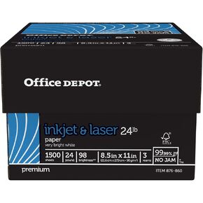 Office Depot Laser Print Paper, 8 1/2in. x 11in., 24 Lb, 30% Recycled, 500 Sheets Per Ream, Case Of 3 Reams, 751440