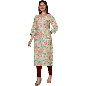 ladyline Womens Maslin Silk Printed Tunic Top Mirror Work Embroidered V Neck Long Kurti Kurta in Kuwait