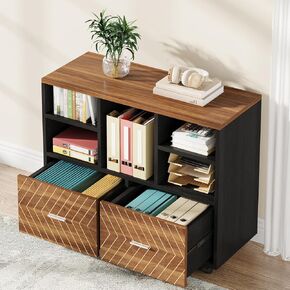 Tribesigns 2-Drawer Wood File Cabinet, Mobile Lateral Filing Cabinet for Hanging Letter Size Files, Printer Stand with Open Storage Shelves for Home Office (Oak Karo & White)