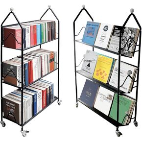 Mobile Book Cart, Rolling Library Cart with Shelves (Black, V-Shaped)