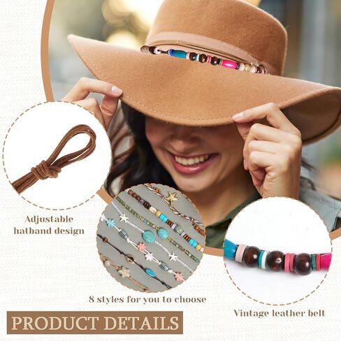 phnydreg 8PCS Cowboy Hat Bands Ethnic Western Hat Bands for Cowboy Hats Beaded Hat Bands for Women Cowgirl Men in Kuwait