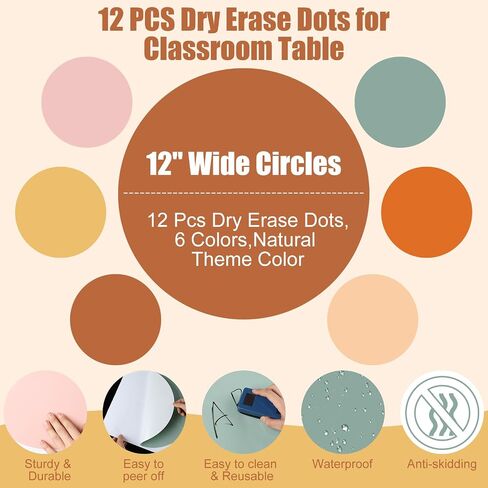 LINCIA 12 PCS 12 '' DRAY ERASE DOTS for Classroom Classroom Decords Boho ملصقات ملونة لدوائر محو الجدار الأبيض القابل للإزالة لإزالة اللوازم المدرسية (لون بوهو) in Kuwait