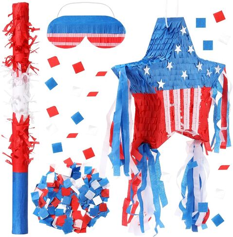 Patriotic Piñata Decorations 4th of July Piñata with Blindfold Stick and Confetti for Holiday Independence Day Fourth of July USA Themed Party Supplies Centerpiece Decors(Stylish) in Saudi Arabia