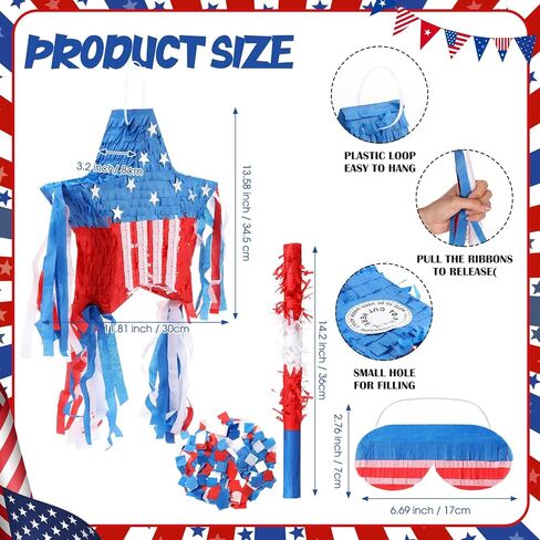 Patriotic Piñata Decorations 4th of July Piñata with Blindfold Stick and Confetti for Holiday Independence Day Fourth of July USA Themed Party Supplies Centerpiece Decors(Stylish) in Saudi Arabia