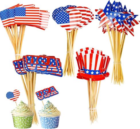 Uptotop 100 Pcs USA American Flag US Toothpick Flags, Mini Stick Cupcake Toppers, 4th of July, Veterans Day, Country Picks Party Decoration Celebration Cocktail Food Bar Cake Flag (5 Pattern) in Kuwait